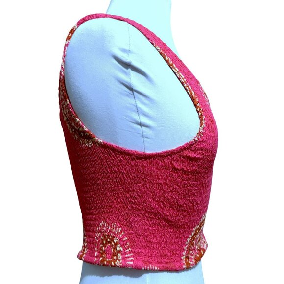 House of Harlow 1960 Smocked One Shoulder Boho Crop Top Hot Pink Cotton Sz M - Picture 3 of 6